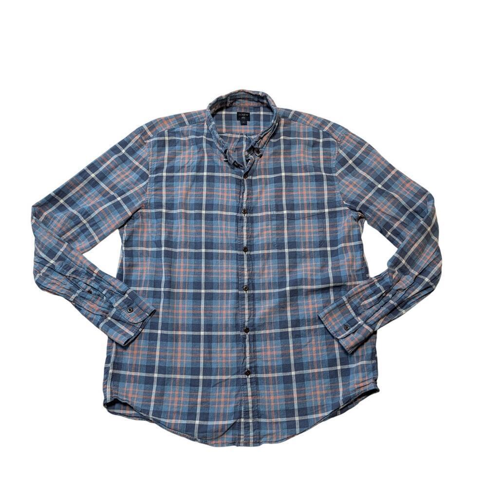J. Crew light Flannel button up shirt, men's XL, blue/orange plaid; 100% Cotton